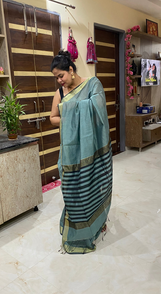 Cotton Silk Maheshwari Saree - Sea Green