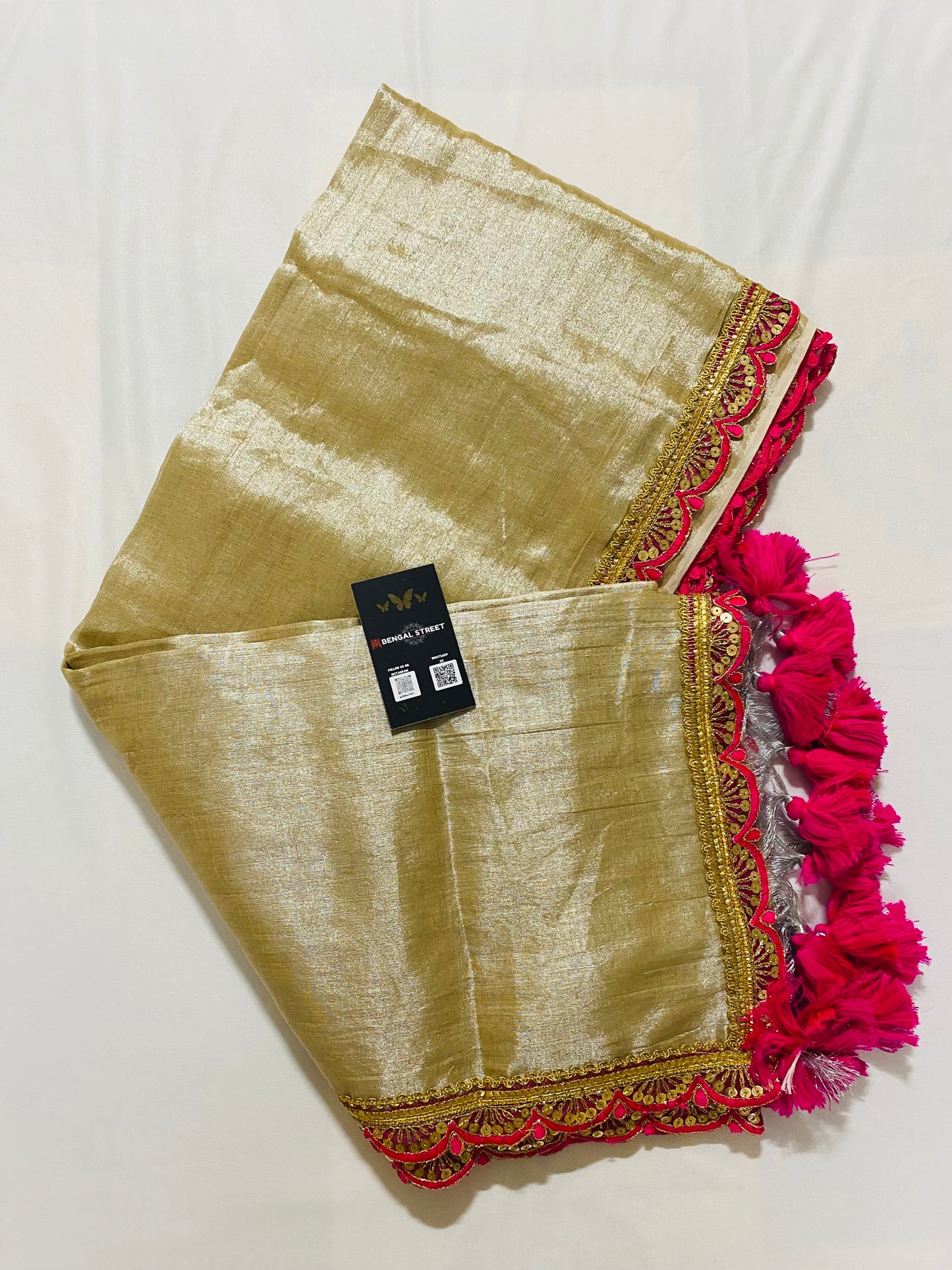 Sajja: Raga Tissue Saree with lace & tassles (beige)
