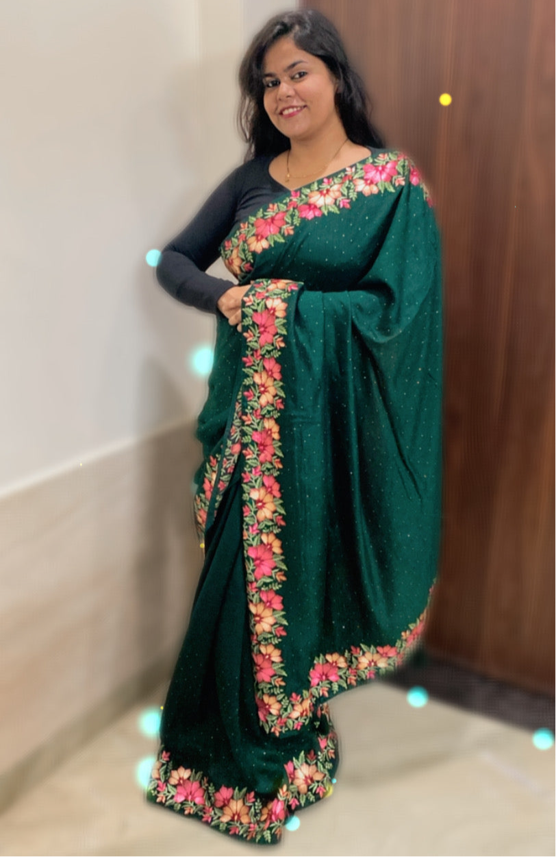 Vichitra Silk Saree: Bottle Green Colour