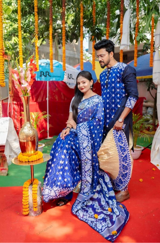 Jamdani Saree and Men Kurta Set: Blue
