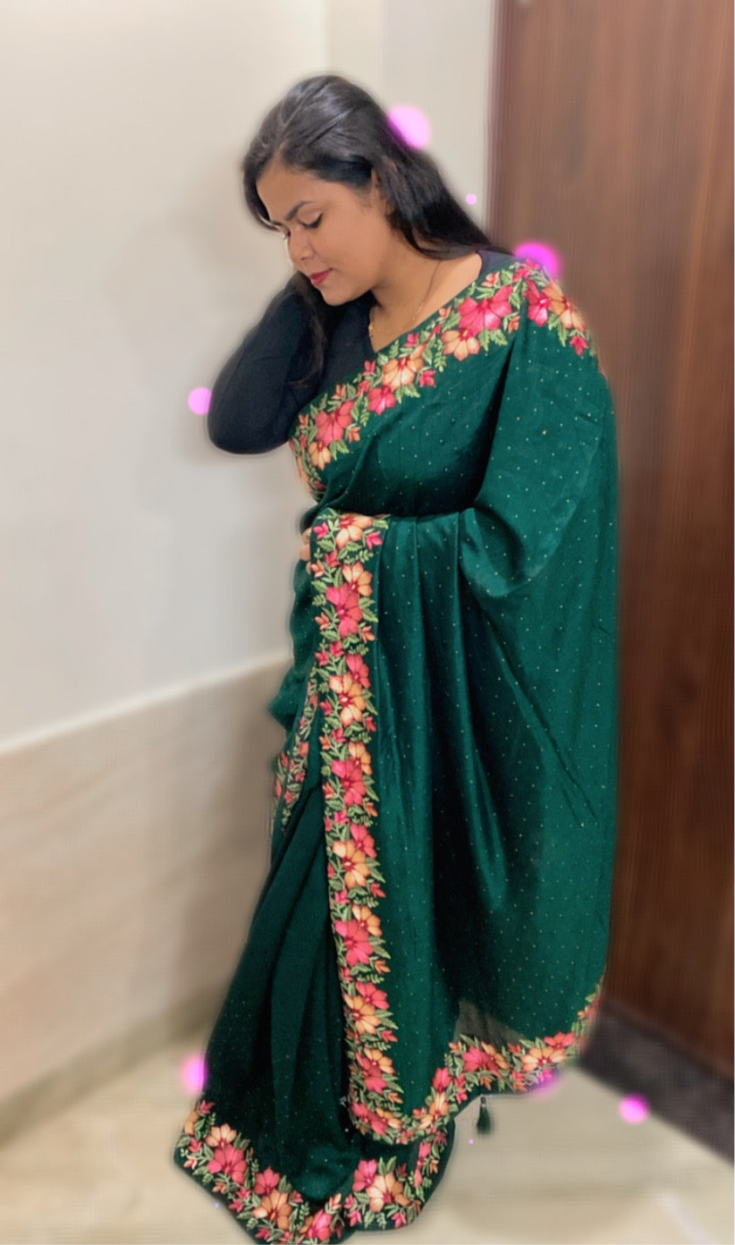 Vichitra Silk Saree: Bottle Green Colour