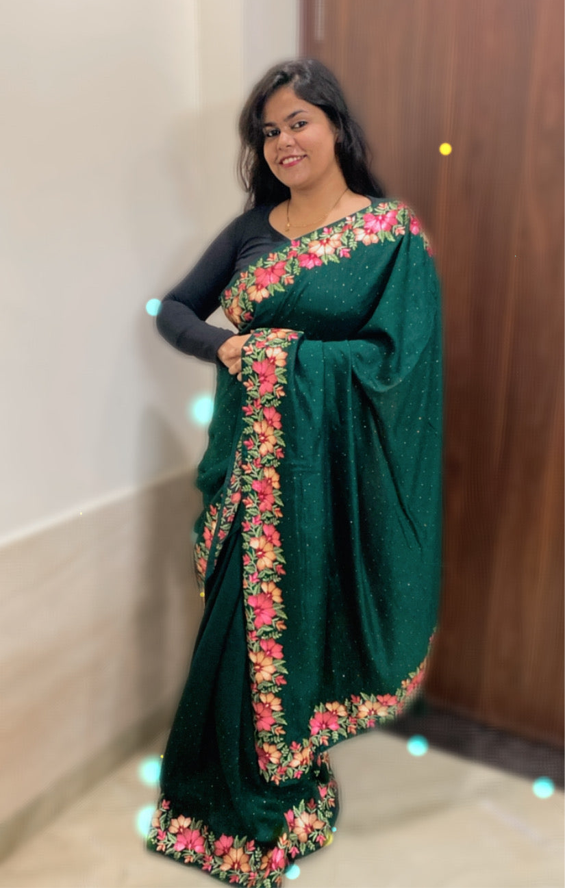 Vichitra Silk Saree: Bottle Green Colour
