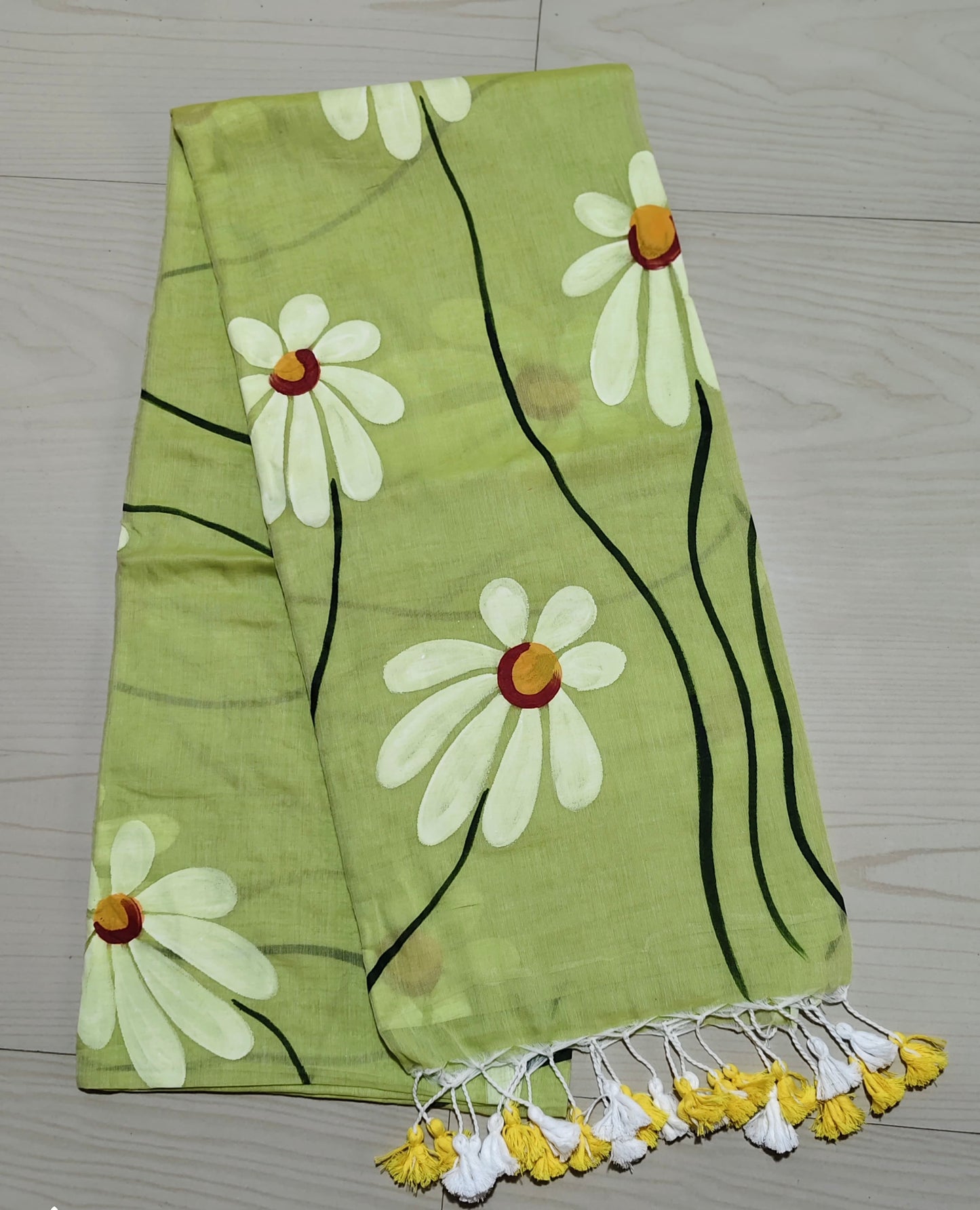 Handpainted Mul Cotton Saree - Light Green