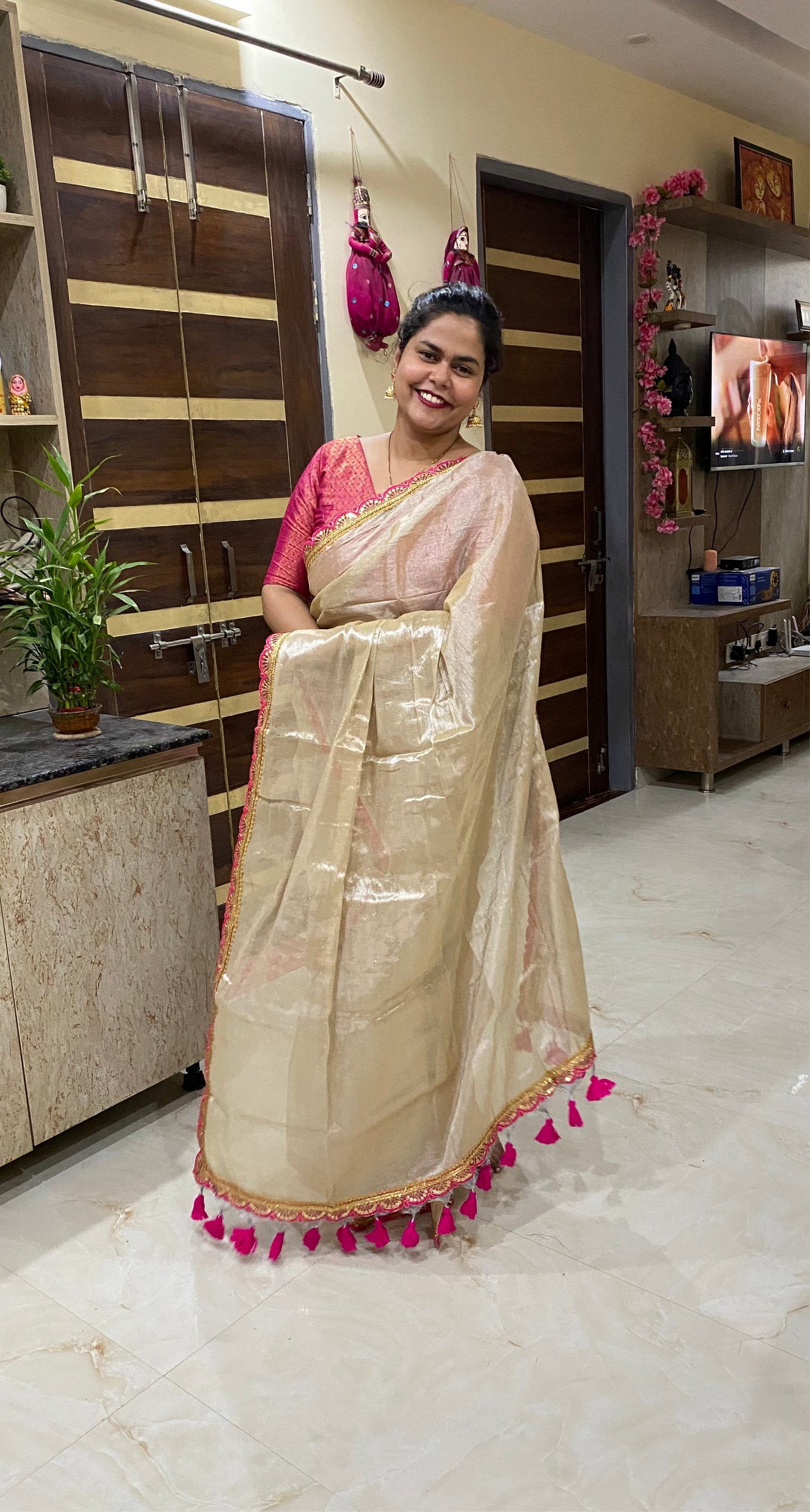 Sajja: Raga Tissue Saree with lace & tassles (beige)