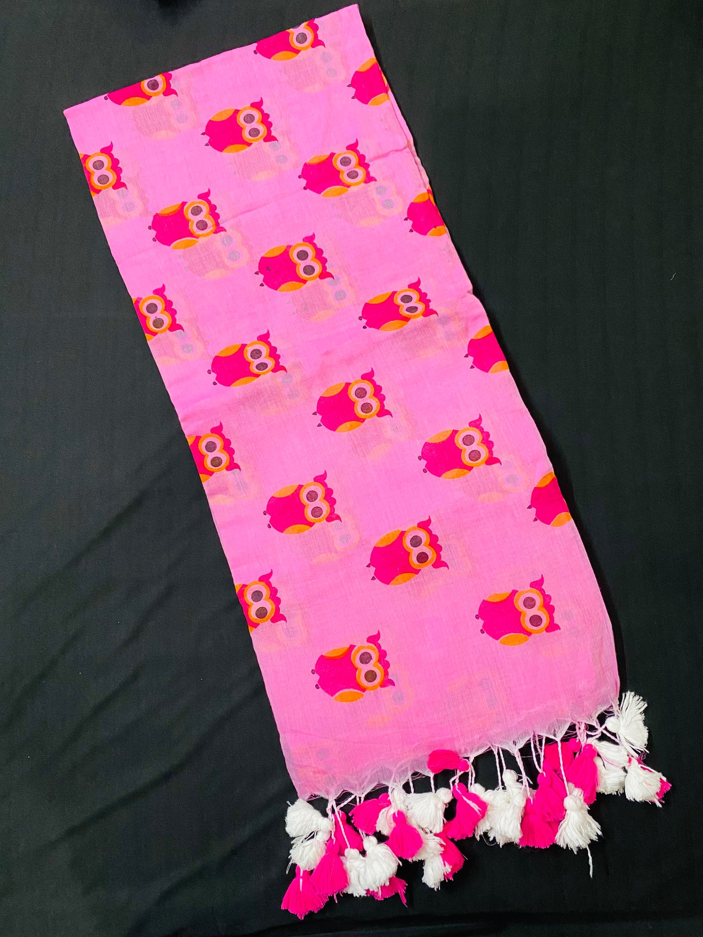 Owl Motif Mul Mul Cotton Saree- Pink
