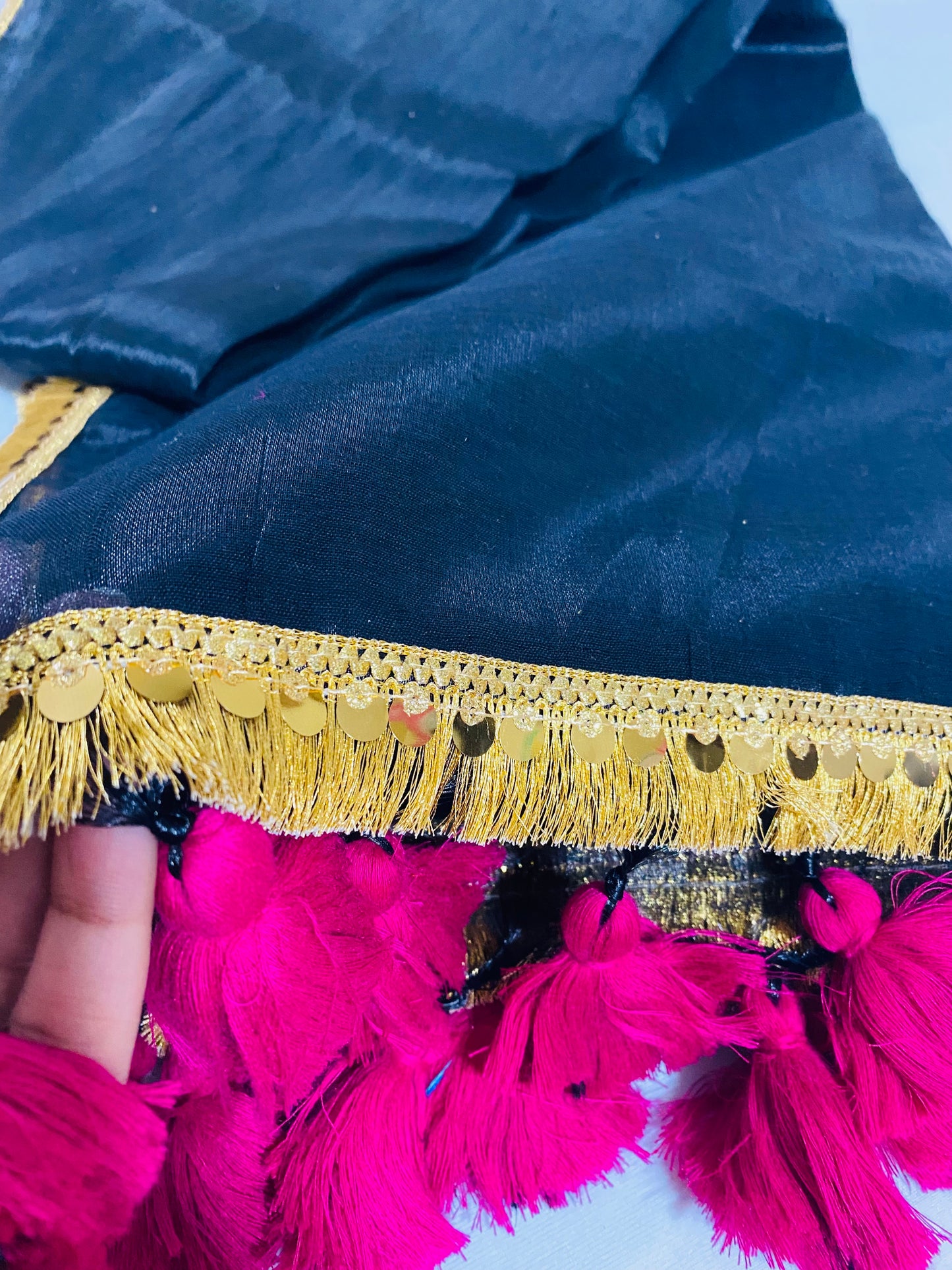 Maharani: Raga Tissue Saree with golden lace & tassles (Black)