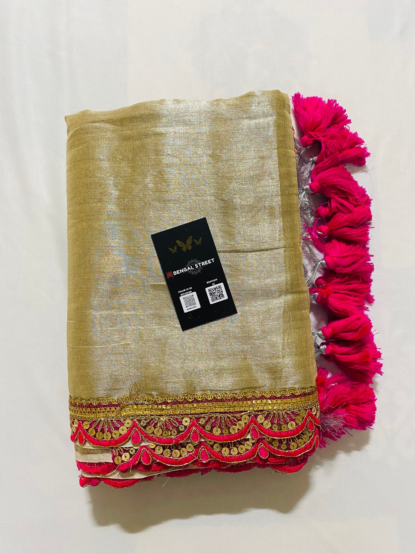 Sajja: Raga Tissue Saree with lace & tassles (beige)