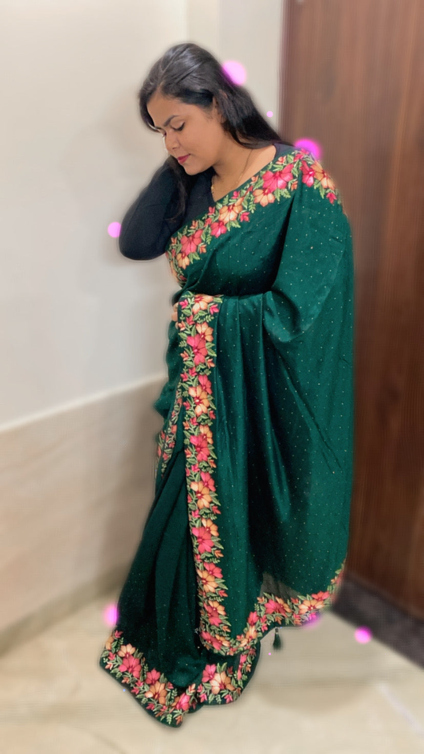 Vichitra Silk Saree: Bottle Green Colour