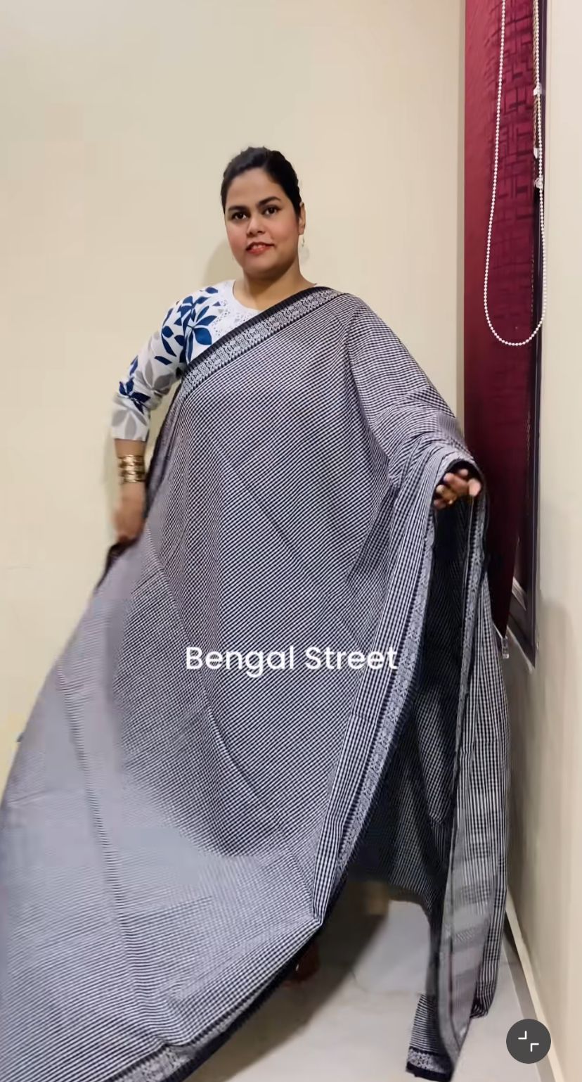 Dhaniakhali/Dhonekhali Cotton Saree – Black & White Checks