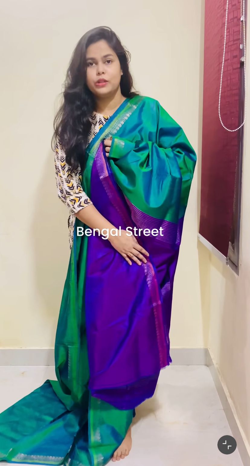 Pure Katan Silk with Mangalgiri Border - Peacock Green