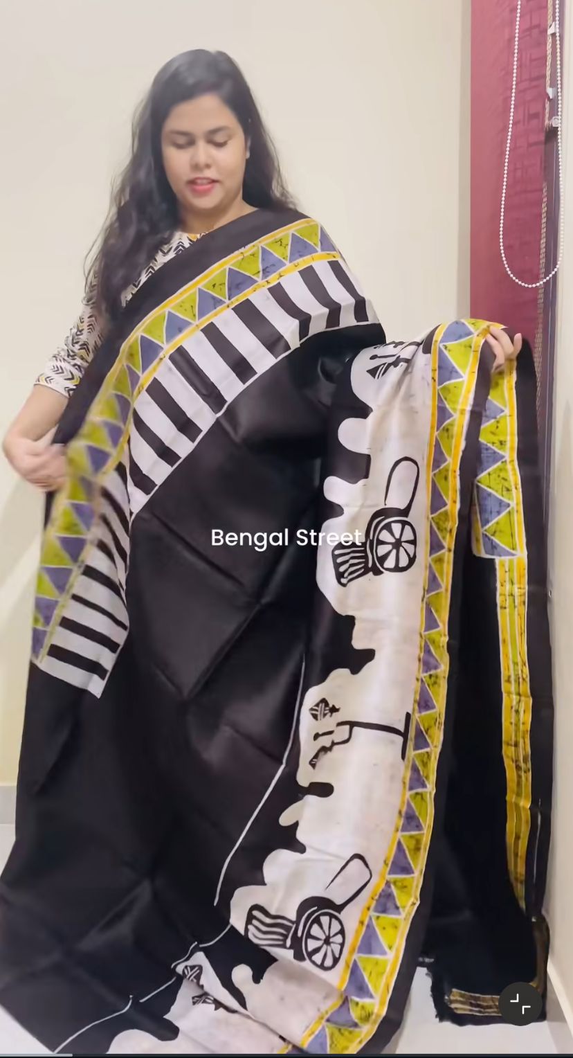 Pure Katan Silk Batik Print Saree - Black