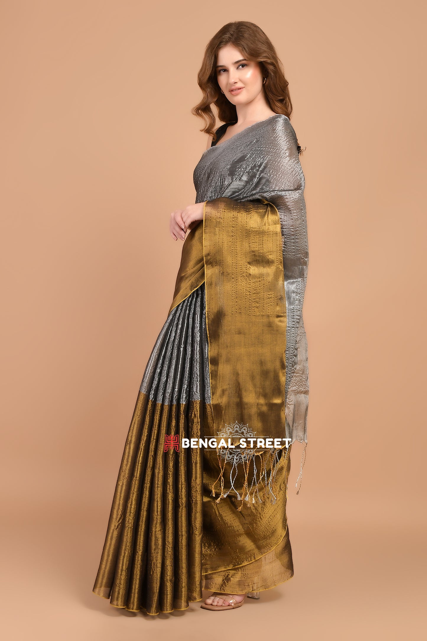 Half & Half Raga Tissue Saree: Gold & Silver