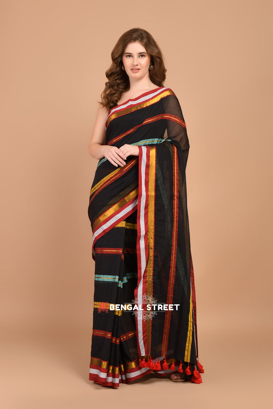 Black & Multi Color Zari Stripped Mul Cotton Saree