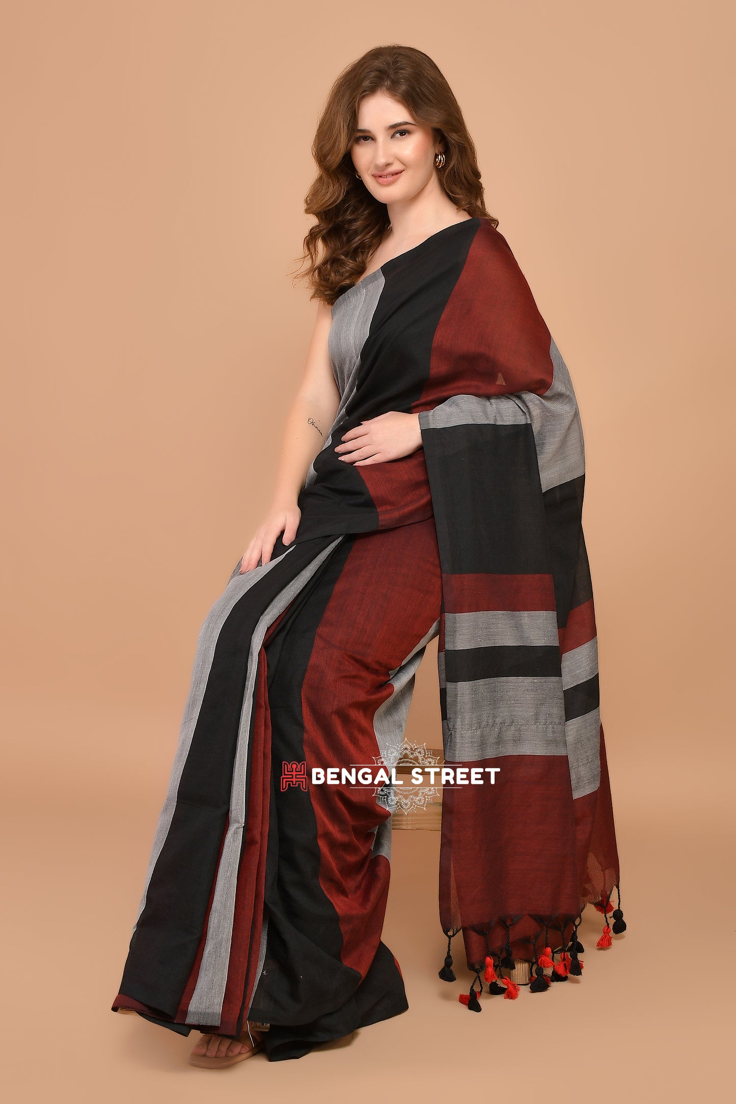 Rangeeli: Colour-bar Khadi Saree Black