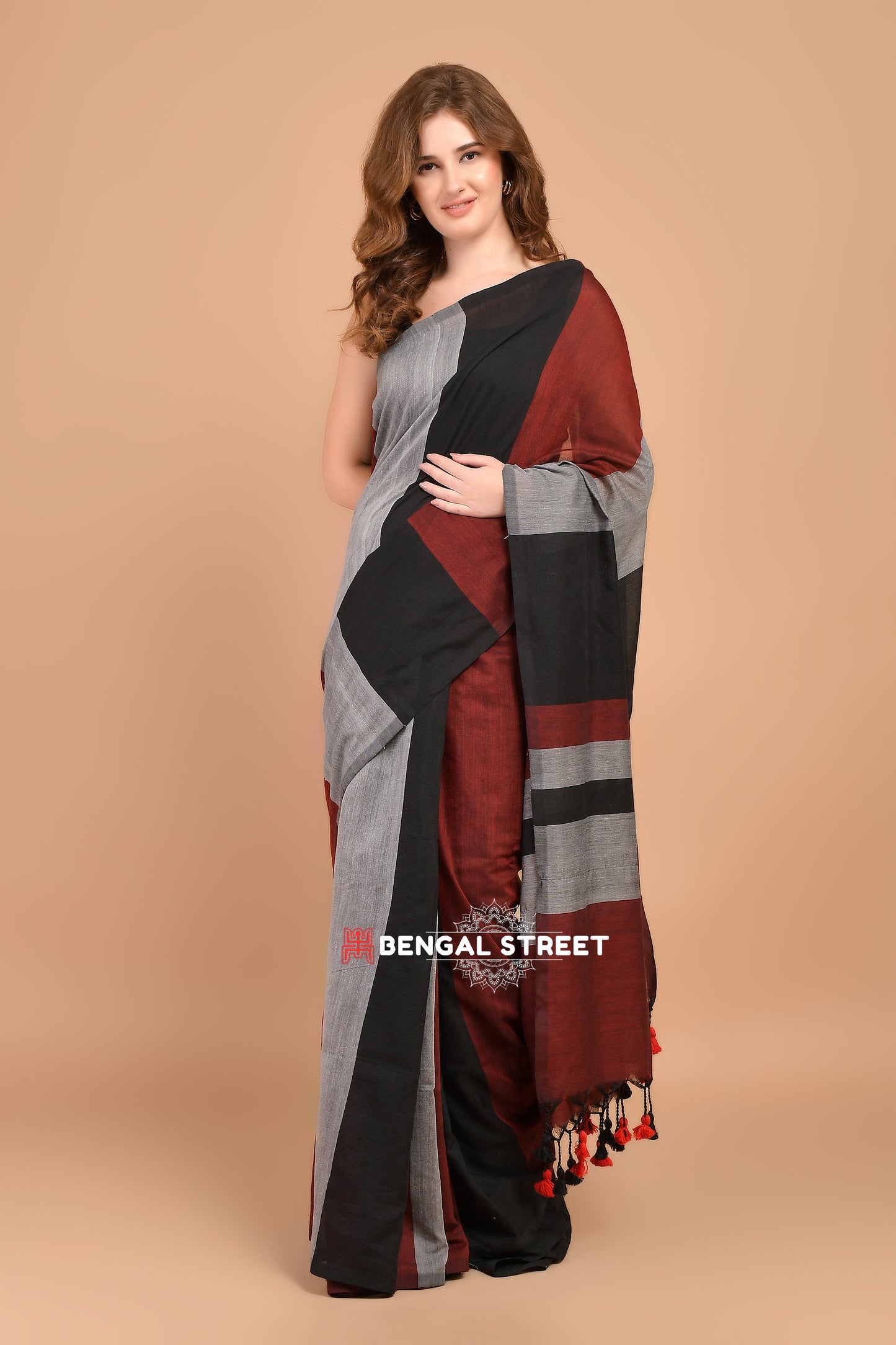 Rangeeli: Colour-bar Khadi Saree Black