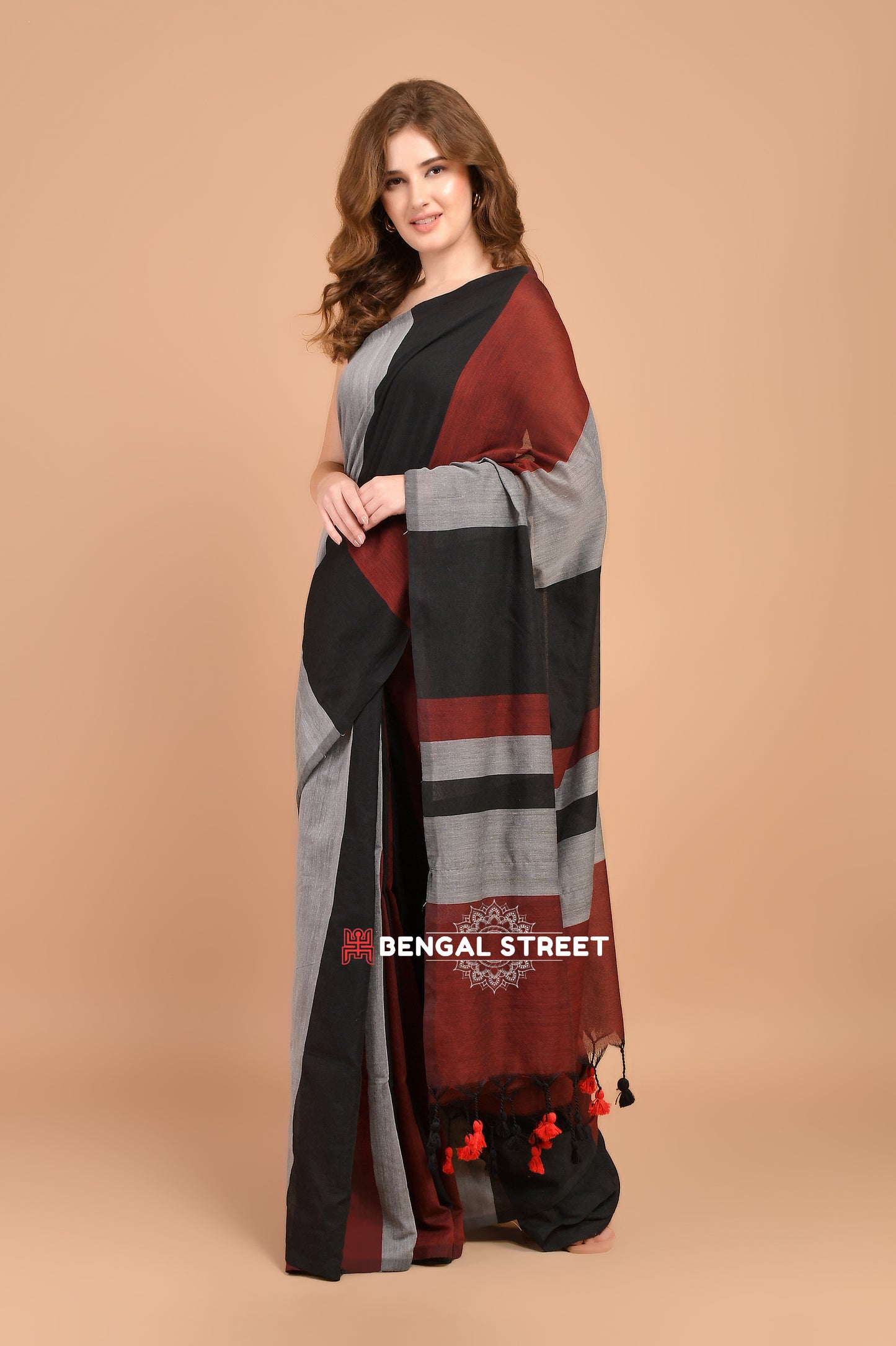 Rangeeli: Colour-bar Khadi Saree Black