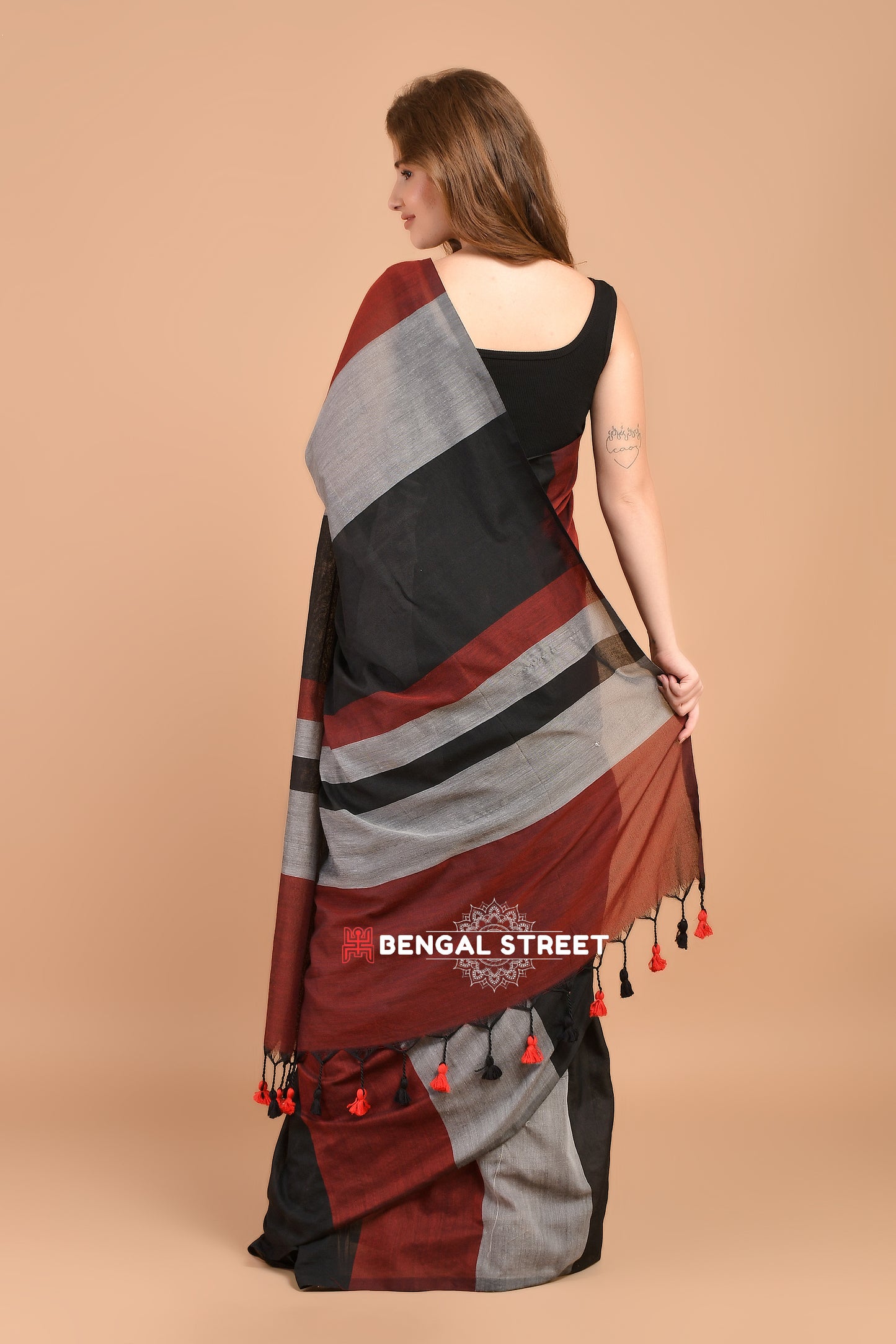 Rangeeli: Colour-bar Khadi Saree Black