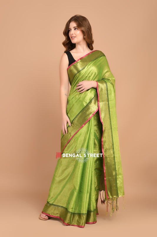 Raga Tissue Temple woven border saree - Green