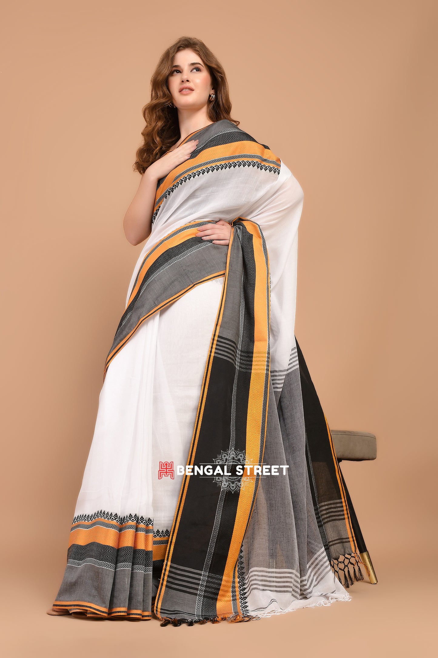 Bengal Handloom Cotton Saree - White with Yellow and Black Border