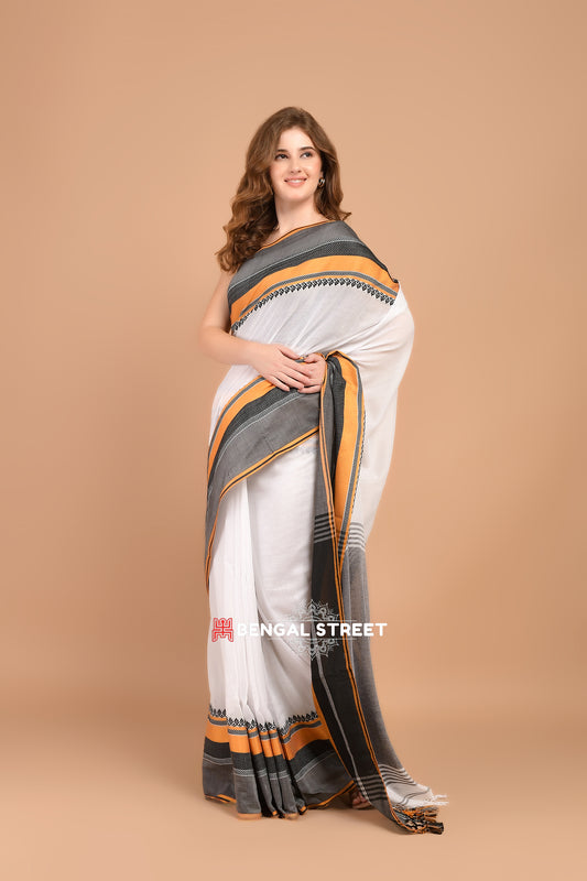 Bengal Handloom Cotton Saree - White with Yellow and Black Border