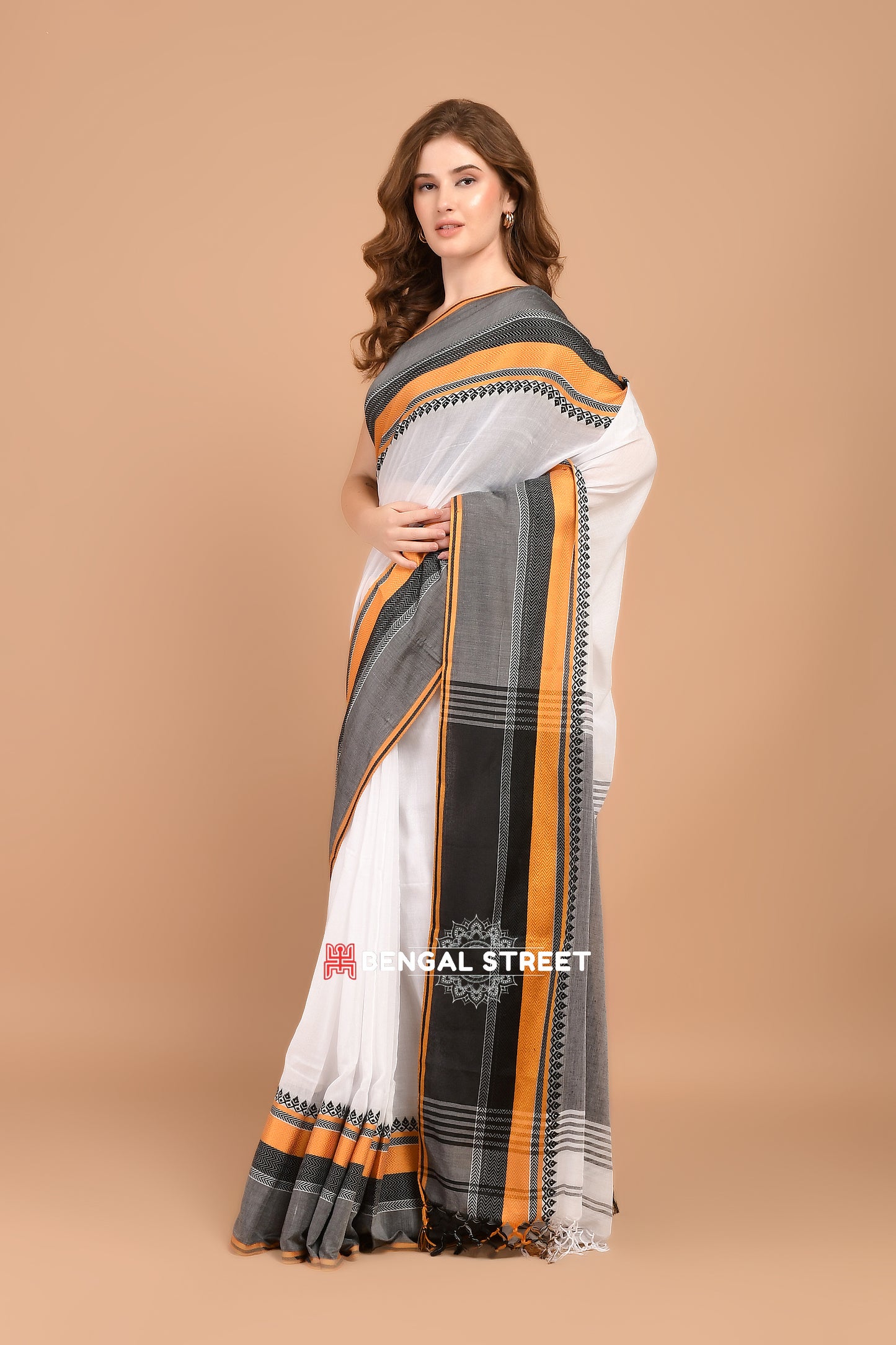 Bengal Handloom Cotton Saree - White with Yellow and Black Border
