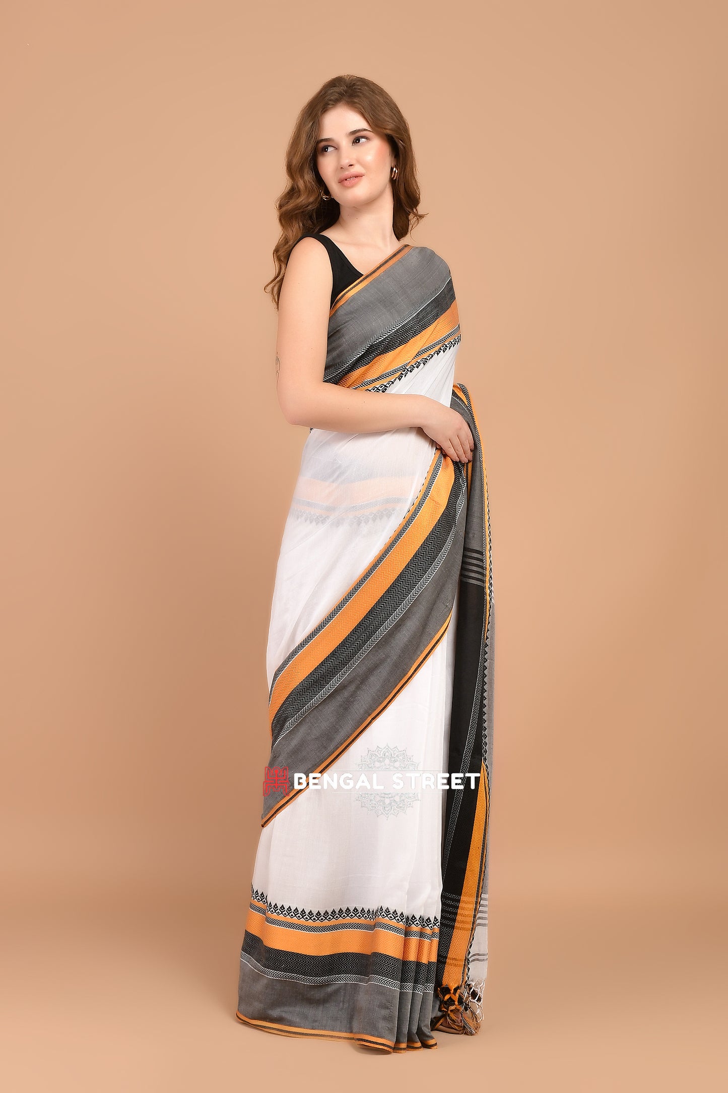 Bengal Handloom Cotton Saree - White with Yellow and Black Border