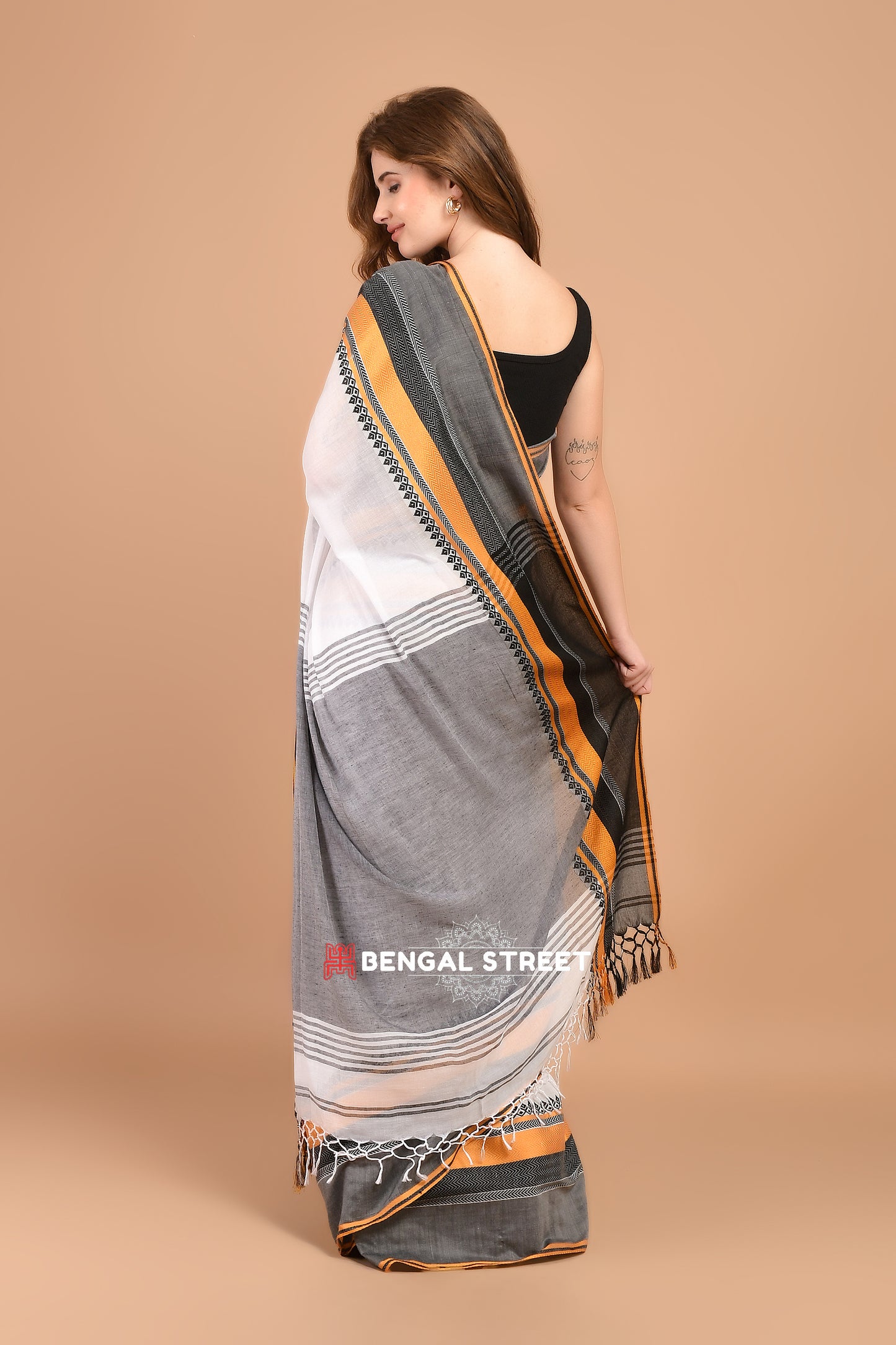 Bengal Handloom Cotton Saree - White with Yellow and Black Border