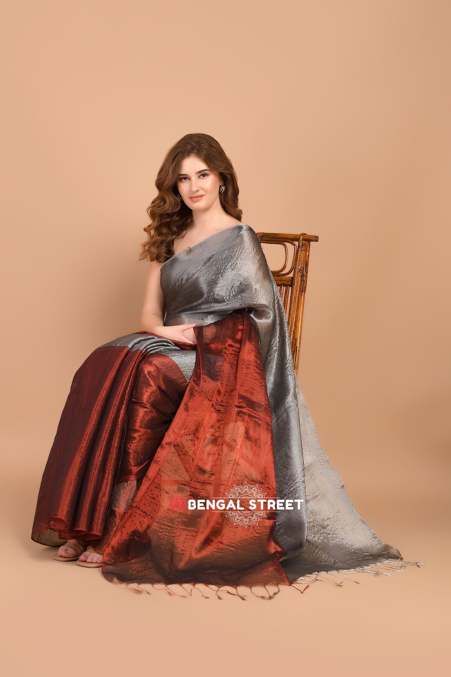 Half & Half Raga Tissue Saree: Maroon & SIlver