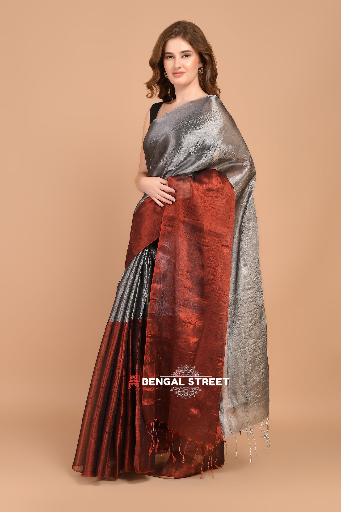 Half & Half Raga Tissue Saree: Maroon & SIlver