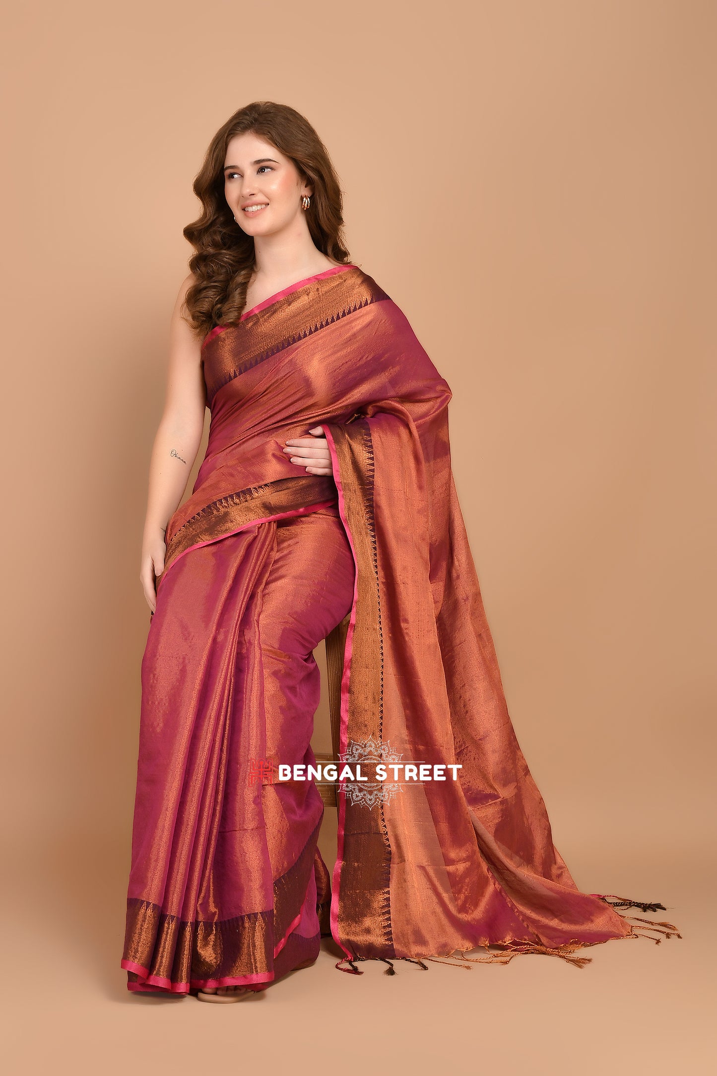 Raga Tissue Temple woven border saree - Pink