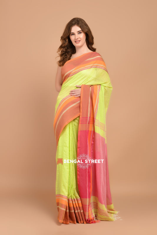Bengal Handloom Cotton Saree - Lime Green
