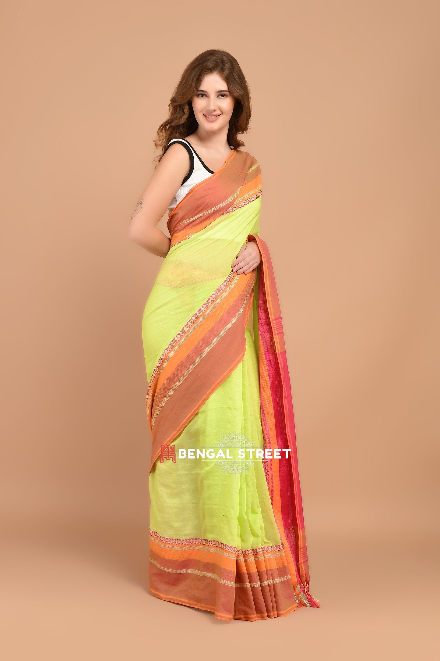 Bengal Handloom Cotton Saree - Lime Green