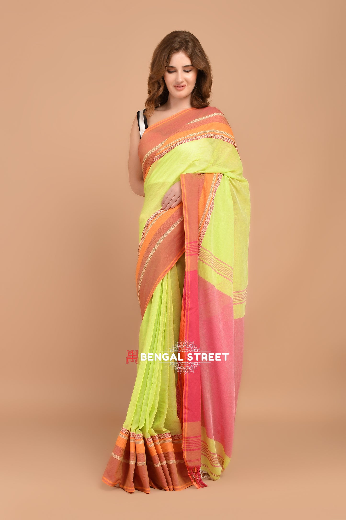 Bengal Handloom Cotton Saree - Lime Green