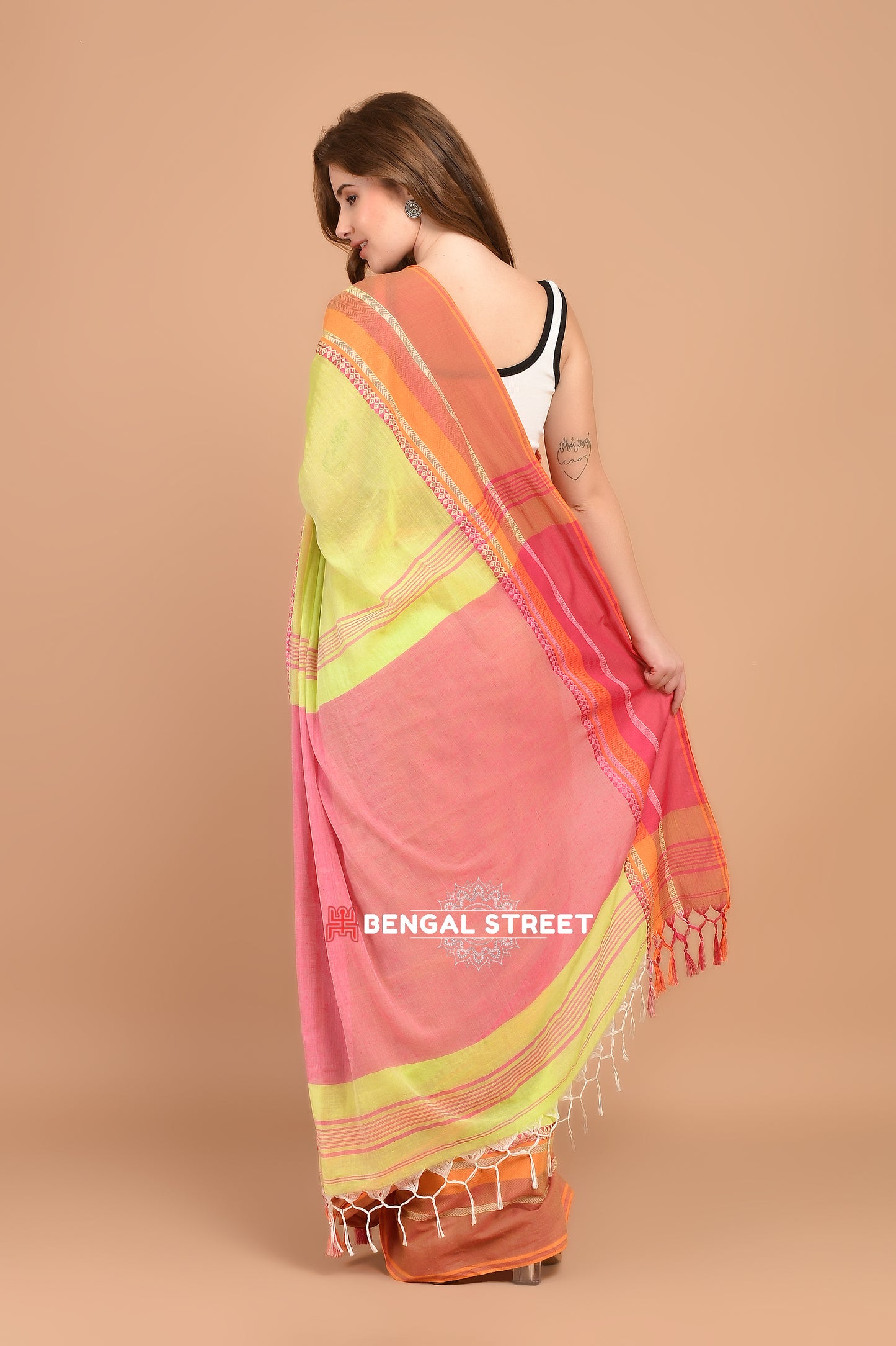 Bengal Handloom Cotton Saree - Lime Green