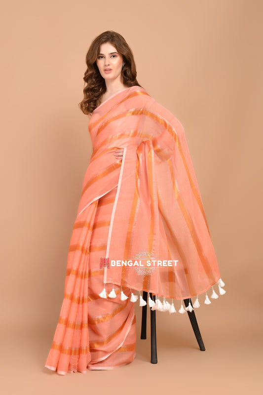 Zari Stripped Mul Cotton Saree: Peach Colour