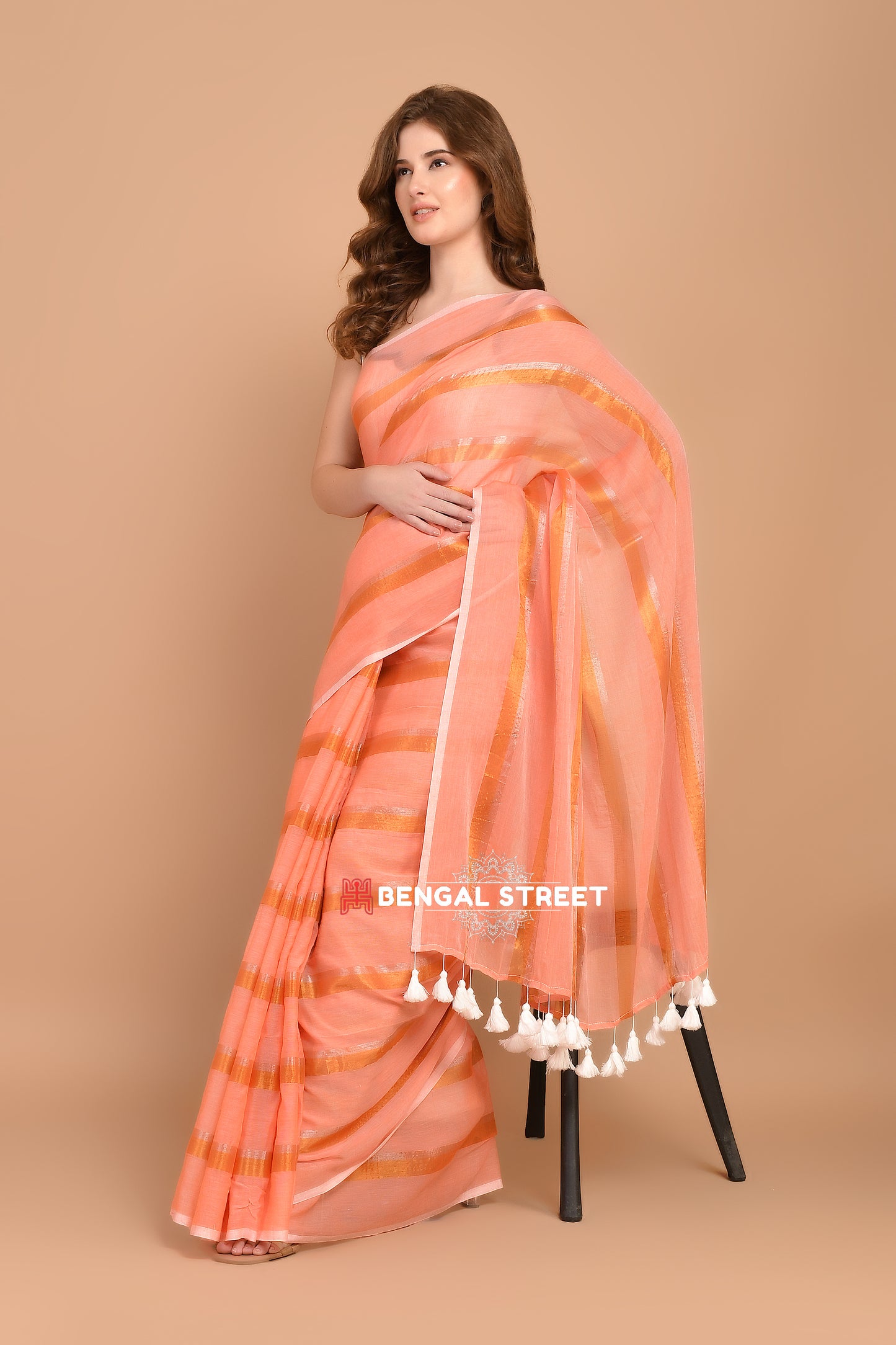 Zari Stripped Mul Cotton Saree: Peach Colour