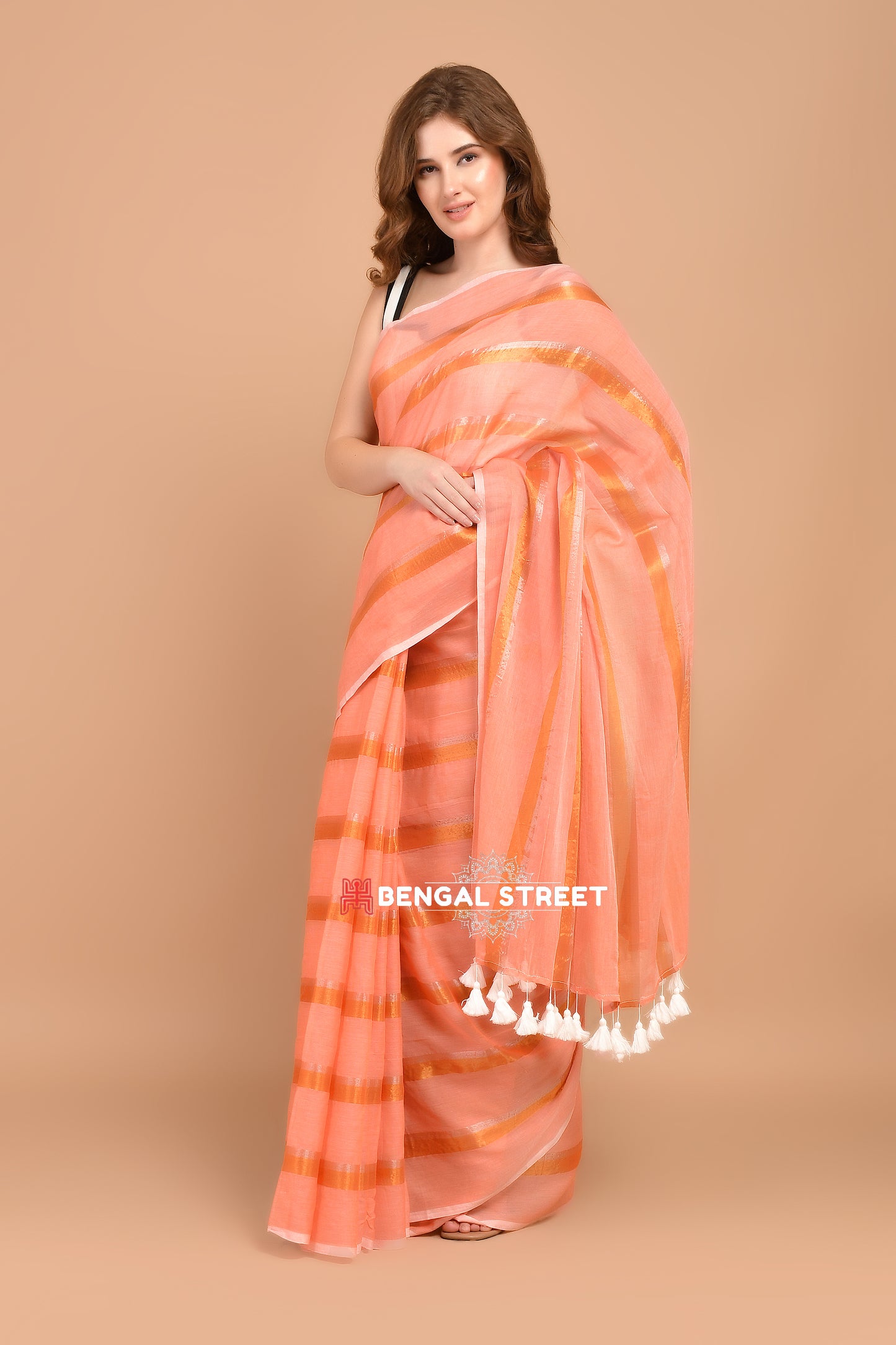 Zari Stripped Mul Cotton Saree: Peach Colour
