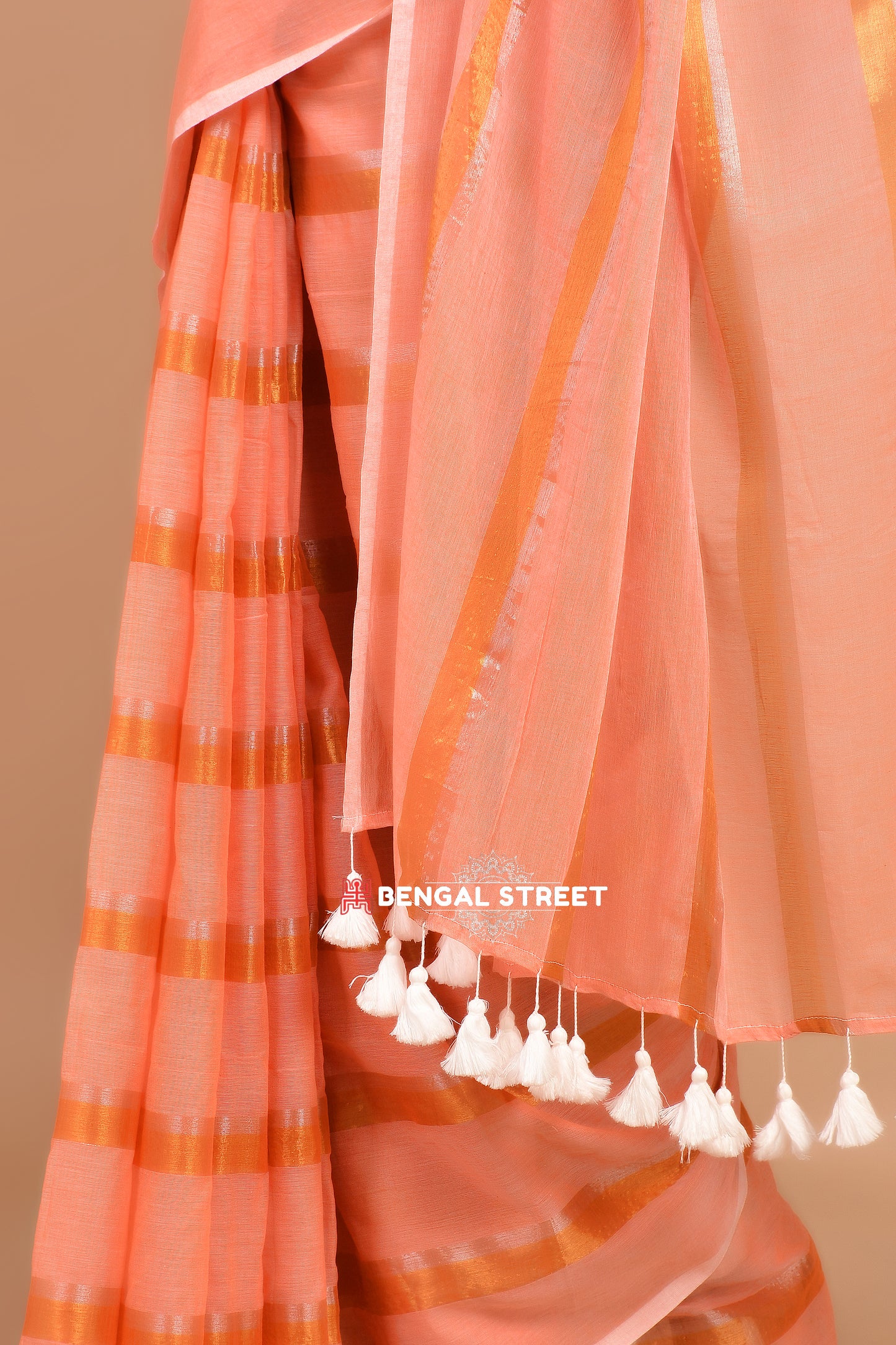 Zari Stripped Mul Cotton Saree: Peach Colour