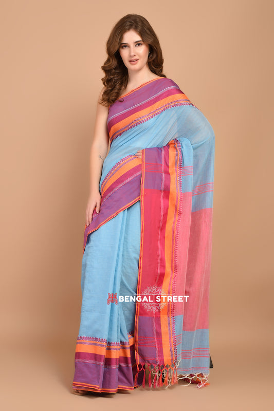 Bengal Handloom Cotton Saree - Light Blue with Pink Border
