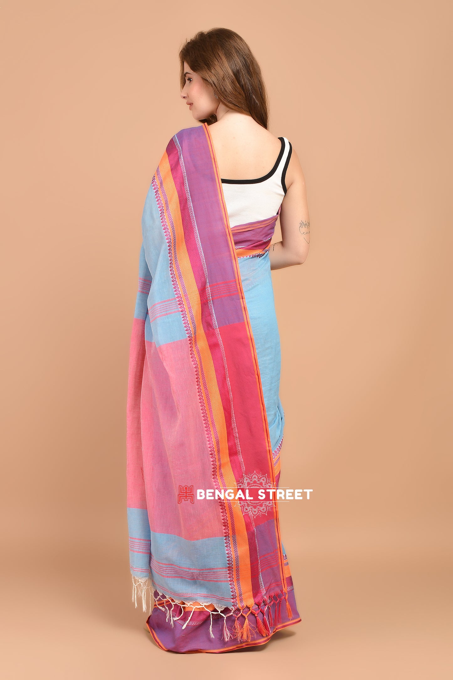 Bengal Handloom Cotton Saree - Light Blue with Pink Border