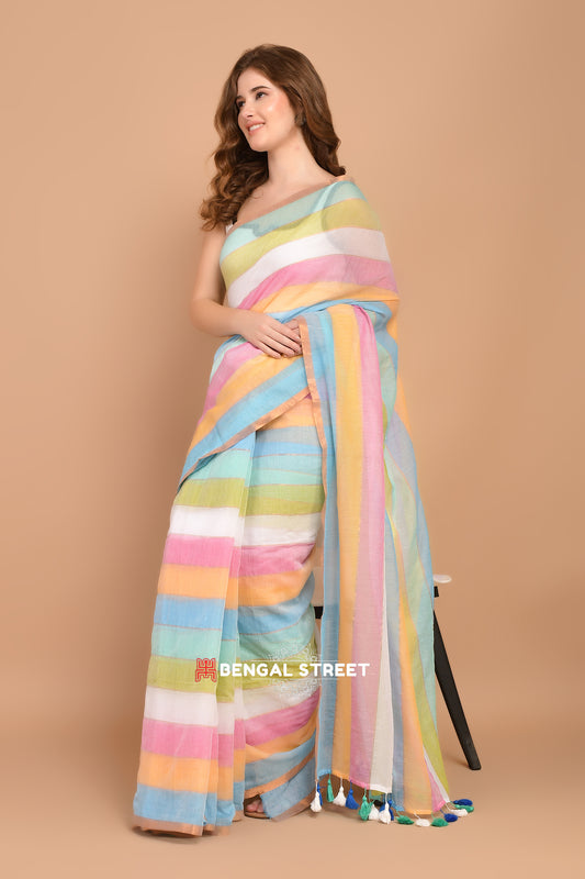 Multi Color Zari Stripped Mul Cotton Saree