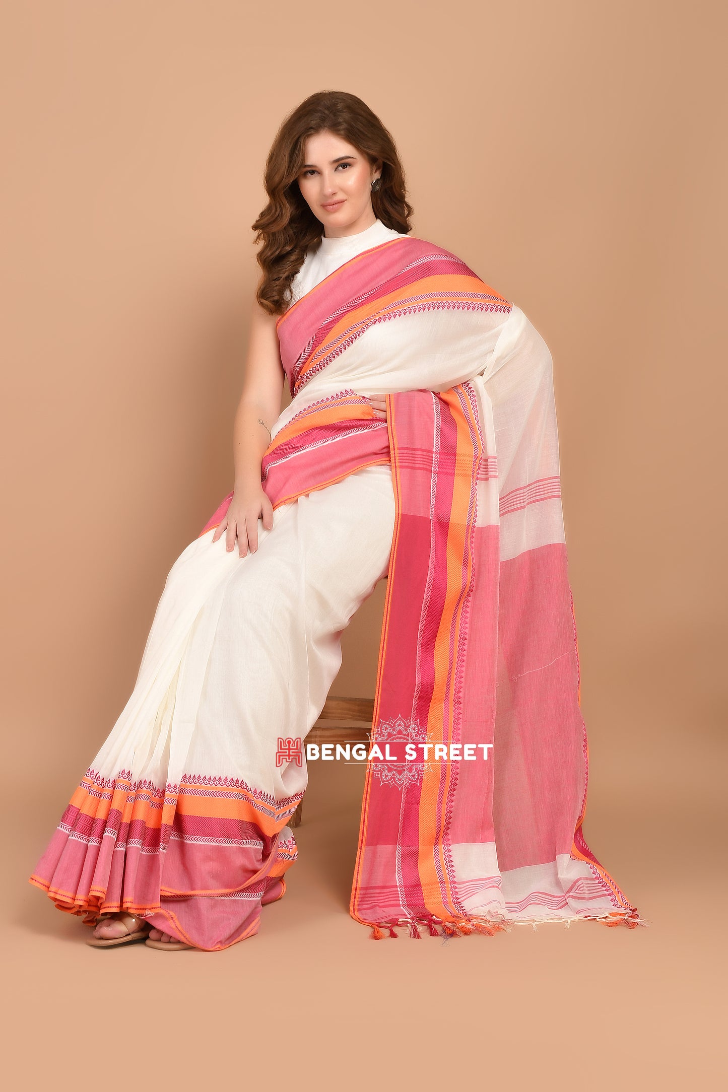 Bengal Handloom Cotton Saree - White with Pink and Orange Border