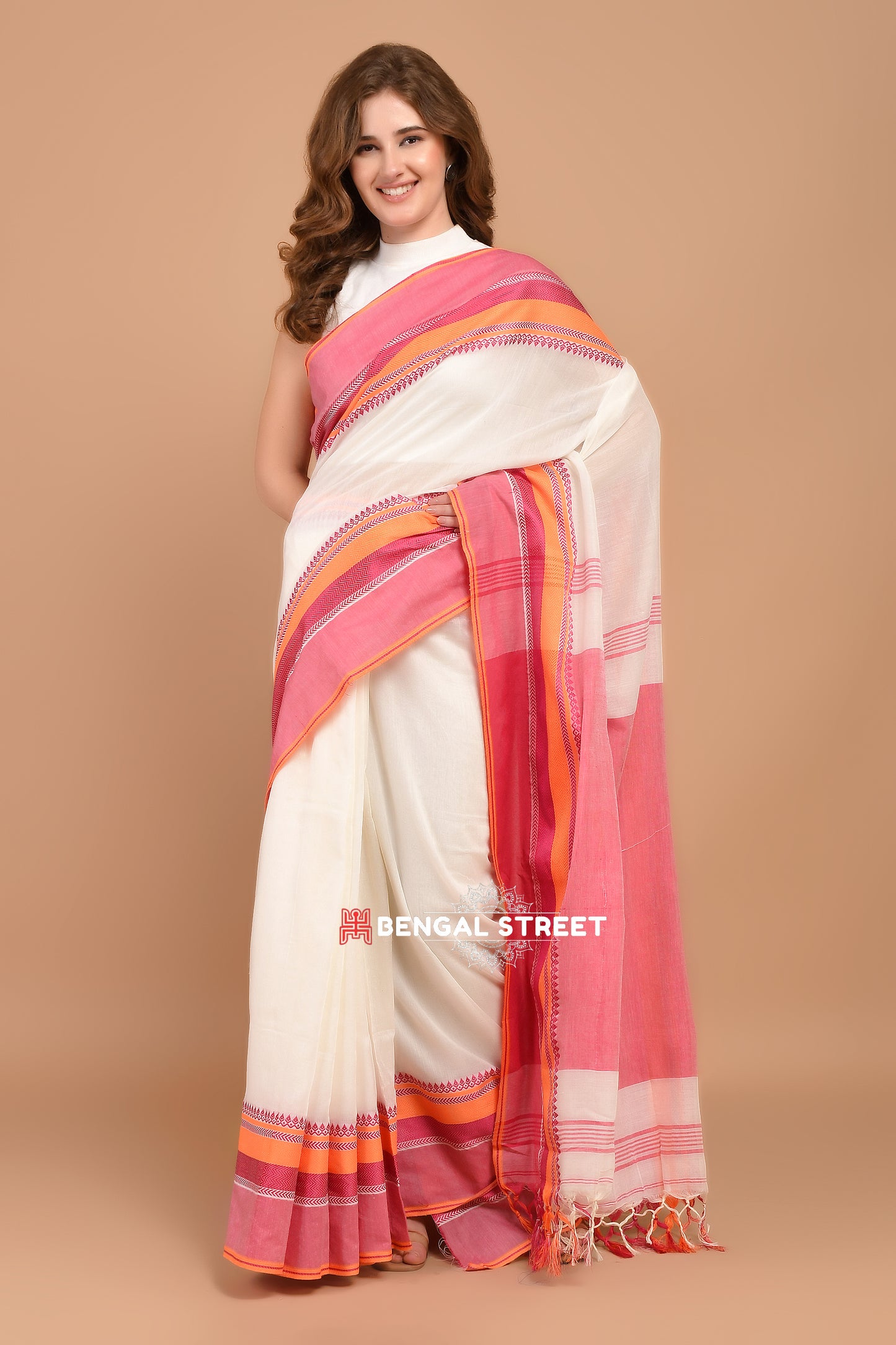 Bengal Handloom Cotton Saree - White with Pink and Orange Border