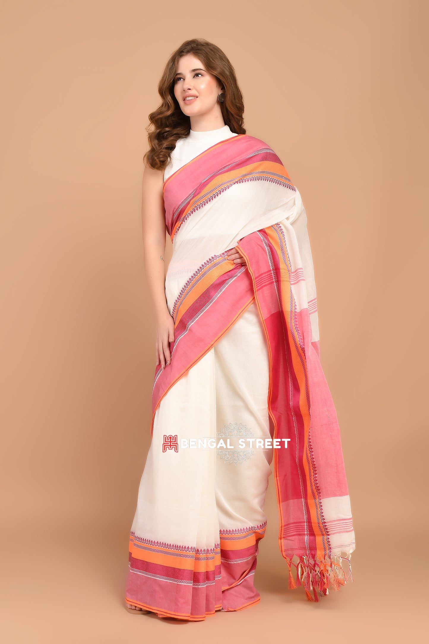 Bengal Handloom Cotton Saree - White with Pink and Orange Border