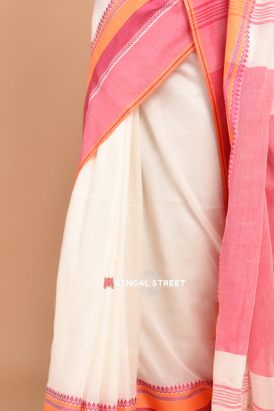 Bengal Handloom Cotton Saree - White with Pink and Orange Border