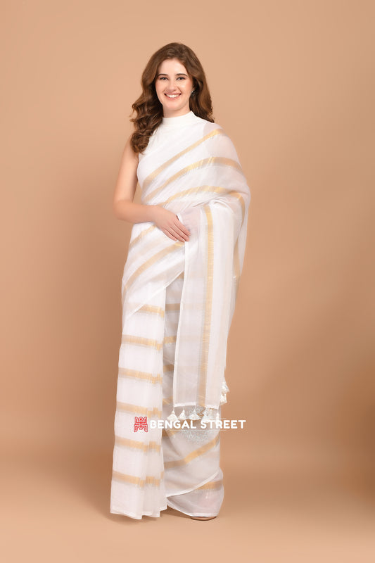 Zari Stripped Mul Cotton Saree: White Colour