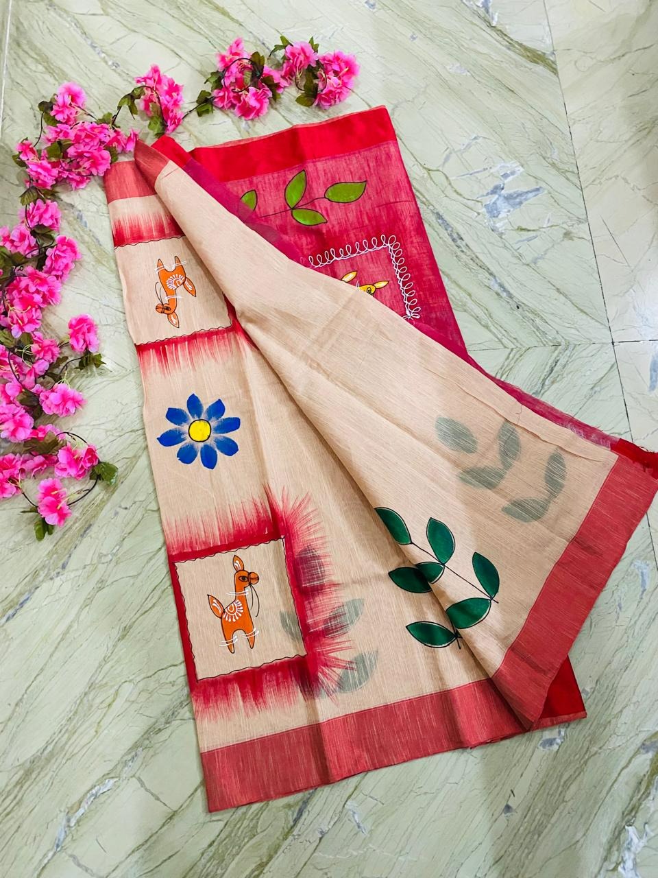Pattachitra Hand Painted Saree - Peach & Red