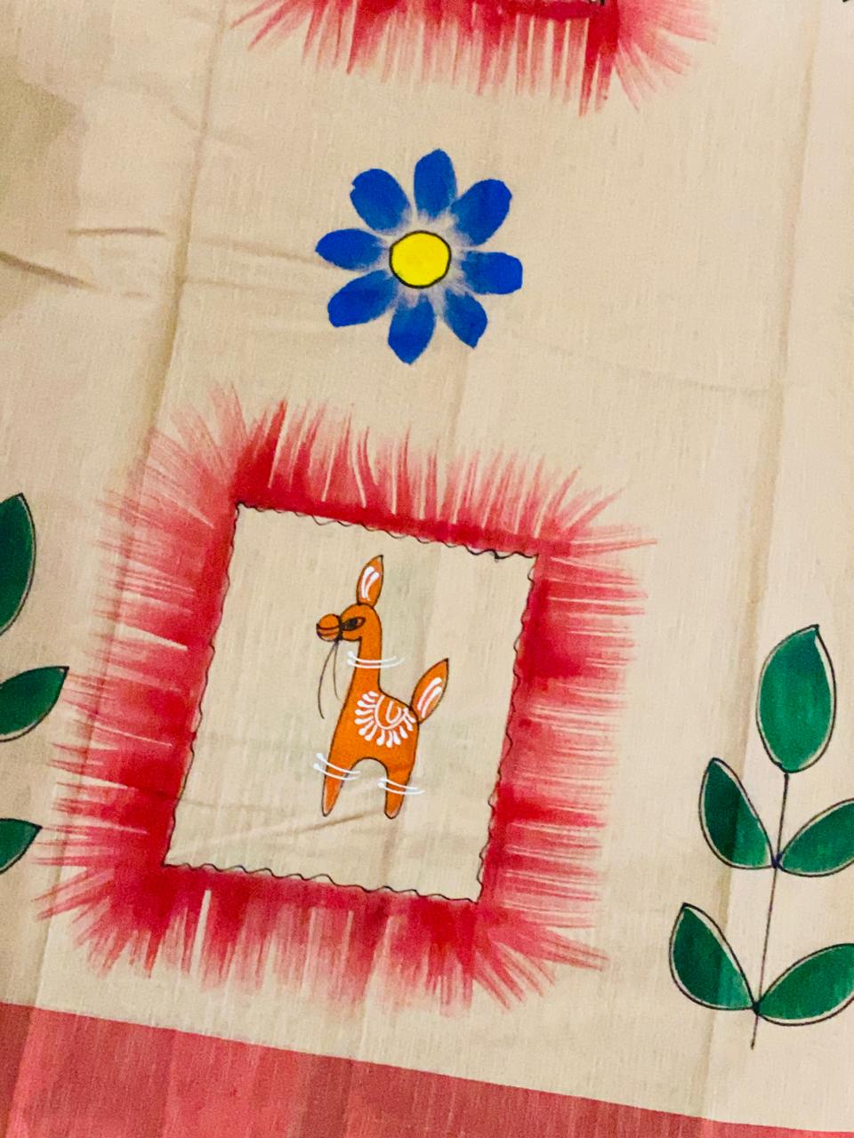 Pattachitra Hand Painted Saree - Peach & Red