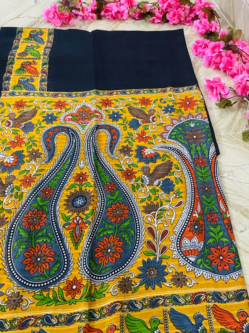 Kalamkari block print Mul cotton Saree - Black