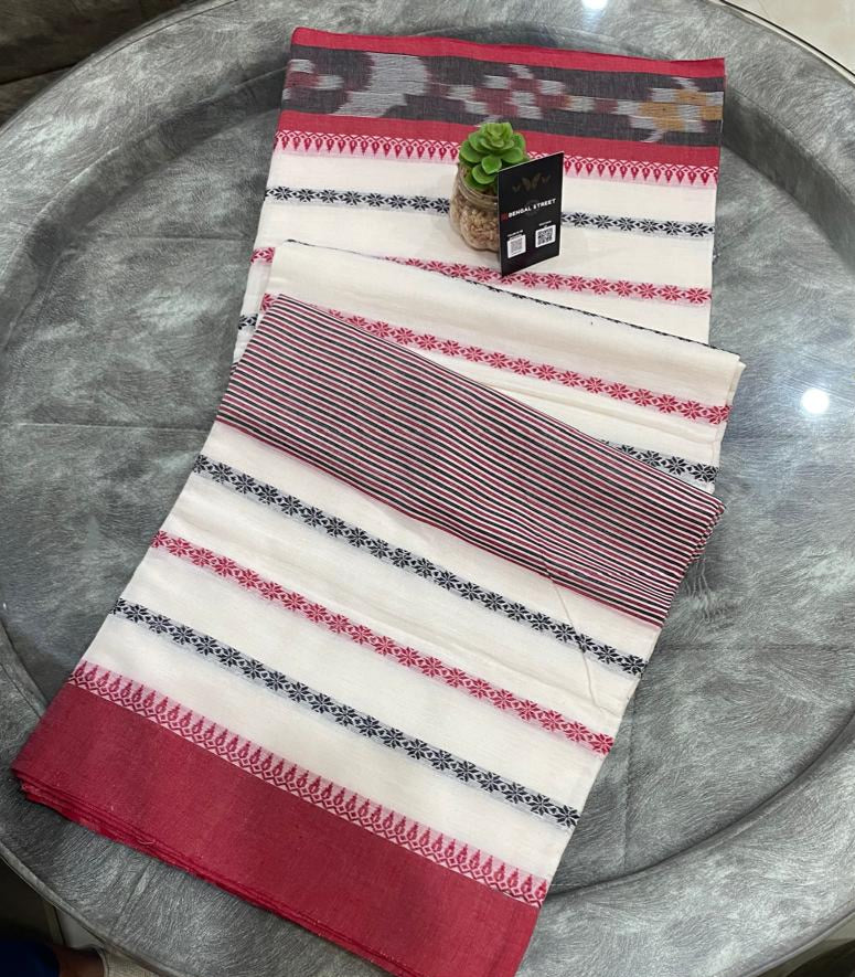 Dhaniakhali/Dhonekhali Cotton Saree – White, Red & Black